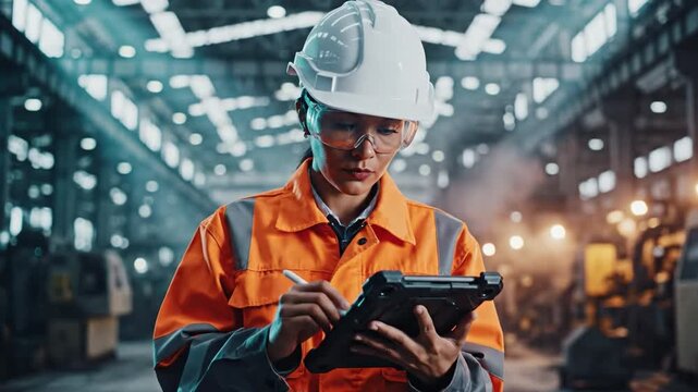 Factory Inspector: Focused factory inspector meticulously examines blueprints on a tablet, symbolizing precision and dedication in a modern industrial setting. 