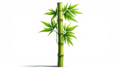 Green Bamboo Stalk With Leaves, Isolated Against White Background
