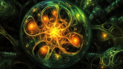 A vibrant abstract spherical structure with interconnected glowing elements and intricate fractal patterns emitting brilliant light