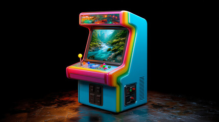 Retro-Futuristic 1980s Arcade Cabinet with Portal Screen to Hyper-Realistic Alien Landscape