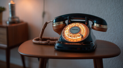 1970s Rotary Telephone with Glowing Fiber Optic Cord and Handset, Pulsing Data Light on Mid-Century Modern Table.