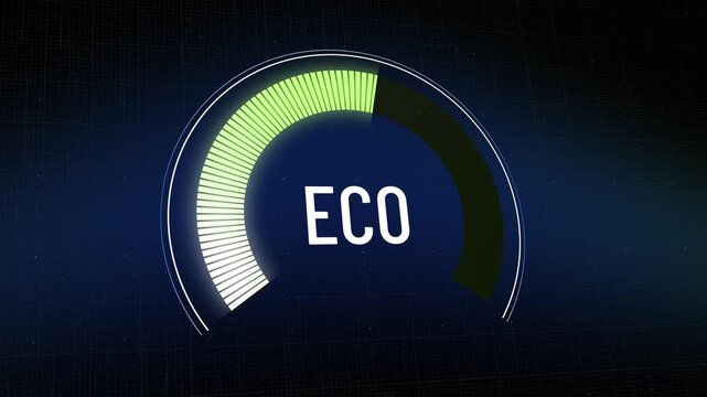 Animated ECO meter gauge, from high green sustainable level to low critical level, worsening environmental impact, pollution increase, ecological degradation on dark blue dashboard, Copy space