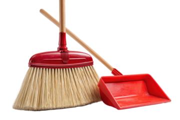 Push broom with dustpan as a household cleaning tool isolated on transparent background.
