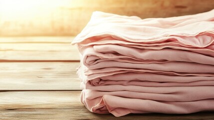 A stack of clean folded pink medical blankets lies on a wooden surface bathed in warm sunlight