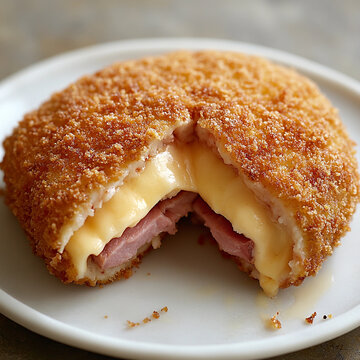 Delicious Cordon Bleu cutlet with ham and cheese filling served on a white plate with a bite taken out