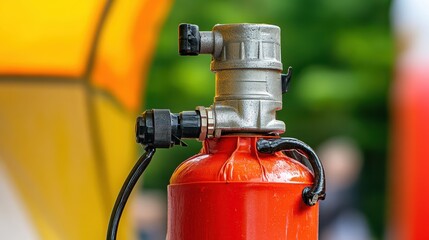 Close up of a robust portable air pump device with metal and plastic components and a black hose attached to a red cylinder
