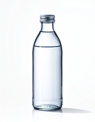 Clear Water-Filled Glass Bottle Standing Isolated on White Surface