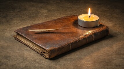 An old leather bound book illuminated by a single flickering candle flame casting a warm glow on its worn cover and a quill pen resting upon it