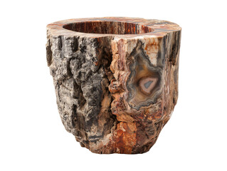Petrified wood bowl with agate crystals isolated on transparent or white background, png