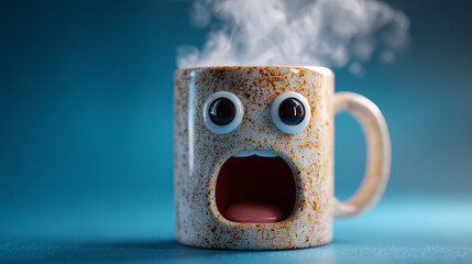 Modern Coffee Mug with Surprised Face and Steam Thought Bubble, Isolated on Pastel Background, Whimsical Design.