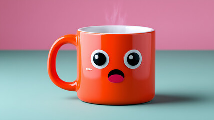 Modern Coffee Mug with Surprised Face and Steam Thought Bubble, Isolated on Pastel Background, Whimsical Design.