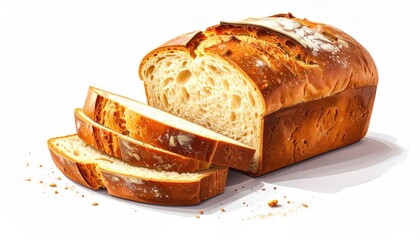 Freshly baked bread, sliced on white, ready to eat, showing texture and golden crust, food photo