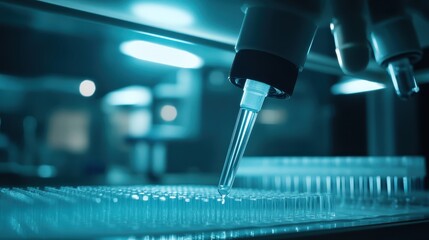 Close up of pipette dispensing liquid samples in a lab