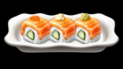 Delicious Japanese sushi rolls on a white ceramic plate
