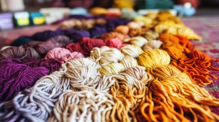 A vibrant display of colorful yarn strands in a woven arrangement of various textures and hues