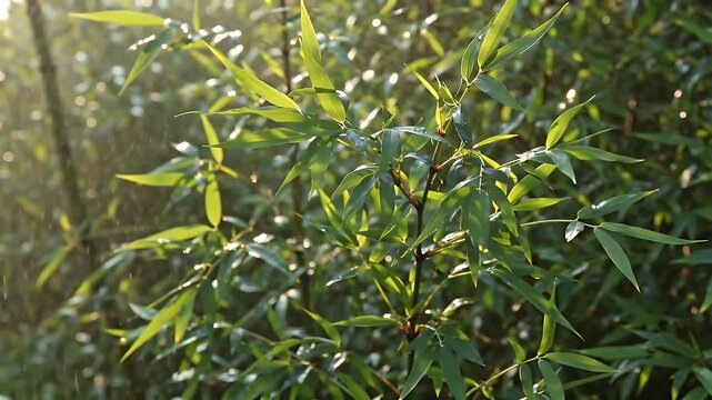 Close-Up View of a Dense Green Shrub with Long Lanceolate Leaves in Sunlight