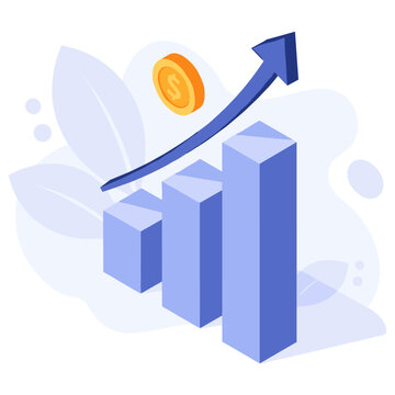 Growing bar graph with upward arrow and coin symbolizing financial success