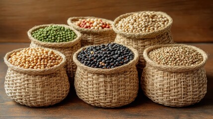 Assorted dried legumes in woven baskets on a wooden surface