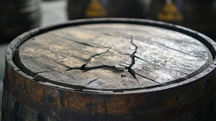 Dust settling on the dry cracked surface of an old wooden barrel