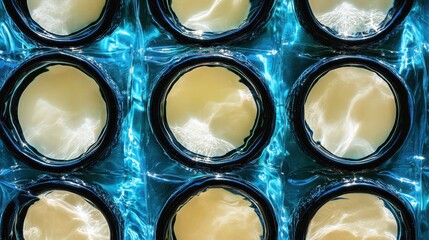 Abstract close up view of water purification tablets in sealed pouches with blue lighting highlighting their texture and form for survival and emergency preparedness