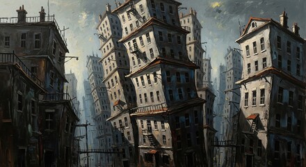 Fototapeta premium Surreal Urban Landscape with Distorted Buildings Under a Cloudy Sky