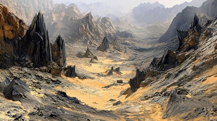 Expansive arid mountain valley with jagged rock spires and sandy terrain under a hazy sky