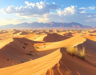 Golden sand dunes stretch toward distant mountains under a bright blue sky.