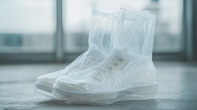 Clear plastic boot covers with elastic ankle bands offering protection for footwear