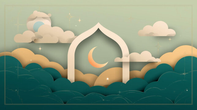 Paper Cut Style Islamic Festival Background with Crescent Moon, Stars, and Mosque Archway Silhouette in a Serene Night Sky
