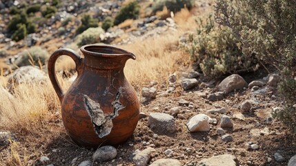 Cracked ceramic jug with a broken handle lying on rocky ground with dry vegetation