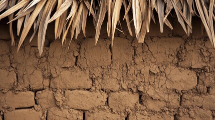 Close up of a weathered mudbrick wall showing cracks and drying imperfections beneath a thatched roof