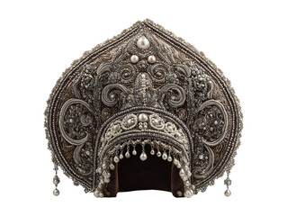 Traditional russian kokoshnik headdress with pearls and embroidery isolated on transparent or white background, png