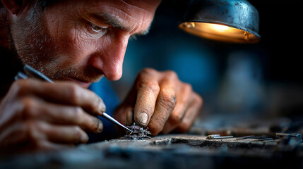 Watchmaker's Hands Assembling Tiny Gears Under Adjustable Lamp, Intricate Mechanical Movement in Century-Old Workshop.
