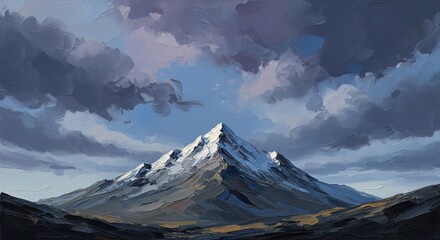 Majestic snow-capped mountain peak under dramatic cloudy sky, a powerful natural landscape painting