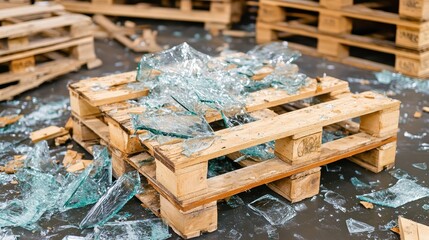 Broken wooden pallets scattered with sharp shards of glass debris in an industrial setting