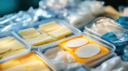 Arrangement of fresh food ingredients including sliced cheese and white patties in transparent plastic containers ready for preparation
