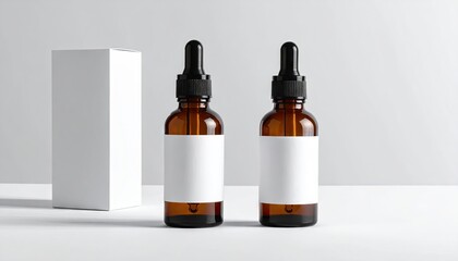 Dropper bottles and blank box on white surface, ready for product labeling and branding.