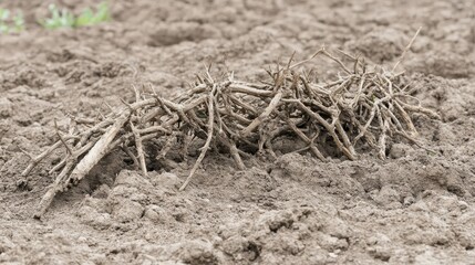 Dry thorny vines clinging to parched earth with rough soil texture under natural light