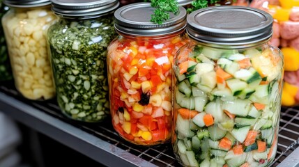 Collection of tightly sealed glass jars filled with colorful diced vegetables and herbs in a kitchen setting