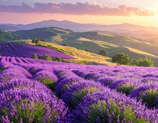 Vast lavender fields stretch across rolling hills at sunset.