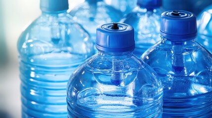 Clear plastic water bottles with blue caps stacked together ready for hydration and distribution
