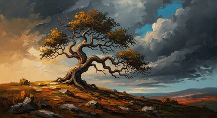 Serene ancient oak tree on hill with dramatic clouds in sky