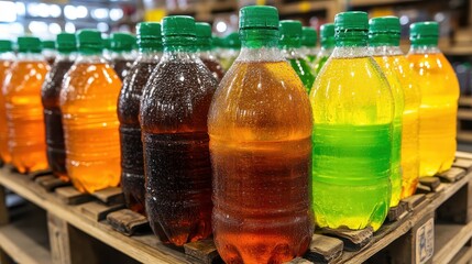 Bottles of colorful beverages in plastic containers stacked on wooden pallets in a warehouse setting ready for distribution