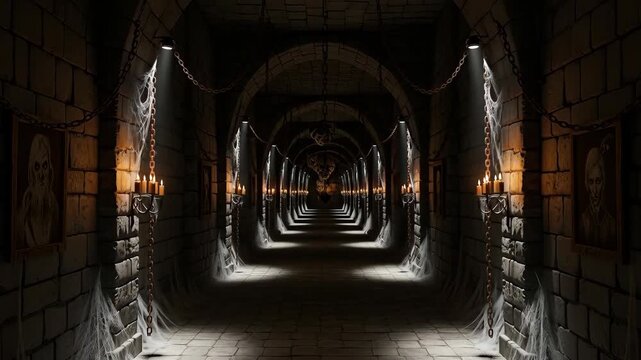 Gothic corridor stretches into darkness under arched stone vaults and torchlight. Cobwebs drape the pillars and candlelit sconces cast long shadows across the tiled floor. Portraits and a skull motif 