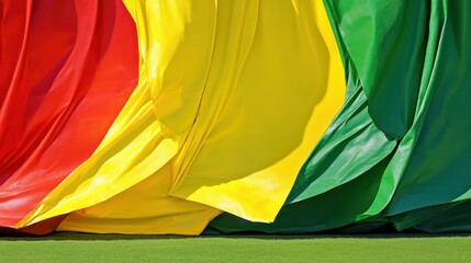 Bright yellow and green fabric drapes with red folds create a vibrant abstract texture against a grassy background