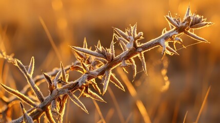 Close up of a dry thorny plant branch covered in fine dust with sunlight illuminating its texture