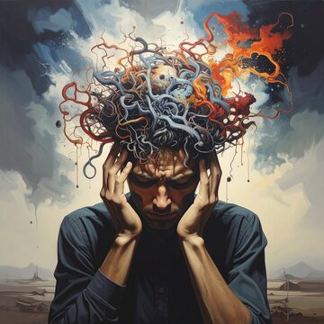Surreal illustration of a stressed man with tangled colorful thoughts exploding from his head