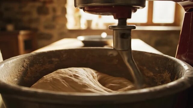 Dough being mixed in a metal bowl with a mixer attachment