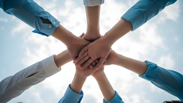 Teamwork and unity with hands joined together in a circle against the sky