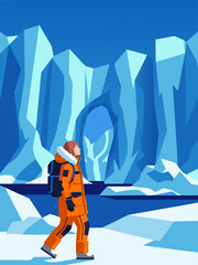Fototapeta premium Arctic exploration vector illustration of a person in warm clothing trekking through icy terrain towards a glacial cave